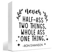 KOPUTE Never Half-Ass Two Things Whole Ass One Thing Wood Box Sign Desk Decor,Funny Wood Signs with Quotes,Interesting Office Decor for Work Shelf Table 5 x 5 Inches