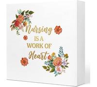 KOPUTE Nursing is a Work of Heart Floral Wooden Sign Desk Decor,Inspirational Nurse Appreciation Wood Block Sign Desk Decor for Home Hospital Nurse Station Clinic Medical Office 7 x 7 Inches
