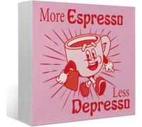 KOPUTE Pink Coffee Bar Decor, More Espresso Less Depresso Sign, Funny Coffee Table Accessories, Coffee Wood Box Block Signs Decor for Coffee Bar Kitchen Home, 5 x 5 Inches