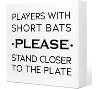 KOPUTE Players with Short Bats Please Stand Closer to The Plate Wooden Sign Desk Decor,Funny Bathroom Wood Sign Desk Decor for Farmhouse Home Office Restroom Decor 5 x 5 Inches