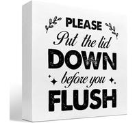 KOPUTE Pleas Put the Lid Down Before You Flush Funny Bathroom Wood Block Sign Desk Decor,Rustic Wooden Box Plaque Sign Desk Decor for Home Office Restroom Toilet Shelf Table 5 x 5 Inches
