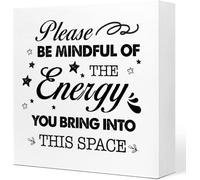 KOPUTE Please Be mindful of The Energy You Bring Into This Space Wooden Sign Desk Decor,Inspirational Wood Block Sign Desk for Home Room Bedroom Office Decor 7 x 7 Inches
