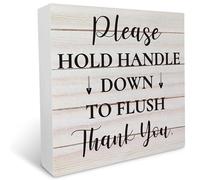 KOPUTE Please Hold Handle Down to Flush Wooden Box Sign Desk Decor, Bathroom Quote Wood Box Sign for Home Bathroom Shelf Table Decoration 5 x 5 Inches