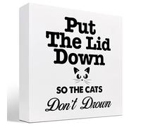 KOPUTE Put The Lid Down So The Cats Don't Drown Wood Box Sign Decor Desk Sign,Funny Bathroom Reminder Wooden Box Block Sign for Cat Lover Home Toilet Shelf Decor 7 x 7 Inches