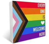 KOPUTE Rainbow Everyone is Welcome Here Wooden Box Sign Desk Decor LGBTQ Gay Pride Flag Wood Block Plaque Box Signs Gift for Home School Shelf Table Decoration 5 x 5 Inches