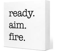 KOPUTE Ready Aim Fire Wooden Block Sign Desk Decor,Funny Bathroom Quotes Wood Plaque Sign Desk for Farmhouse Home Office Toilet Restroom Bathroom Wash Laundry Shelf Table Decor 5 x 5 Inches