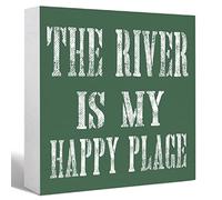 KOPUTE River Theme House Decor Wood Box Sign The River is My Happy Place Wooden Block Sign Desk Décor for Home Bedroom Office Desk Cubicle Tabletop Décor,Farmhouse River Sign Decor 5 x 5 Inches