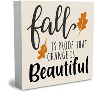 KOPUTE Rustic Autumn Fall is Proof That Change is Beautiful Wood Box Sign, Farmhouse Fall Artwork Decor, Fall Thanksgiving Wooden Square Sign Desk Block Signs Home Shelf Office 7 x 7 Inches