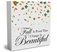 KOPUTE Rustic Autumn Fall is Proof That Change is Beautiful Wooden Box Sign, Farmhouse Fall Artwork Decor, Fall Thanksgiving Vibes Wood Square Sign Desk Block Signs 7 x 7 Inches