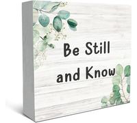 KOPUTE Rustic Be Still And Know Christian Wood Box Sign Desk Decor£¬Rustic Botanical Eucalyptus Leaves Wooden Block Box Sign Decoration For Home Office Church Shelf Table Decor 5 x 5 Inches