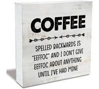 KOPUTE Rustic Coffee Spelled Backwards Is Eeffoc Wood Box Sign Funny Coffee Wooden Box Sign Farmhouse Home Kitchen Desk Shelf Decor 5 x 5 Inches