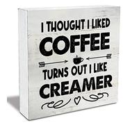 KOPUTE Rustic Coffee Wood Box Sign I Thought I liked Coffee Turns Out I Like Creamer Wooden Box Sign Home Kitchen Coffee Bar Desk Shelf Decor 7 x 7 Inches