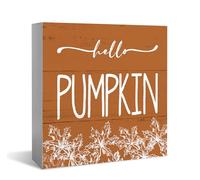 KOPUTE Rustic Fall Decor Wooden Box Sign, Hello Pumpkin Fall for Home, Autumn Harvest Thanksgiving Wooden Square Sign Desk Block Signs Home Shelf Office Decoration 7 x 7 Inches