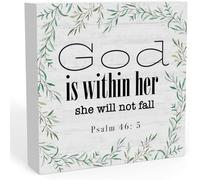 KOPUTE Rustic God Is Within Her She Will Not Fall Psalm 46:5 Sign, Christian Religious Gifts Home Office Desk Decor for Wo, Shelf Cubicle Table Decor Bible Verse Jesus Gifts 5 x 5 Inches