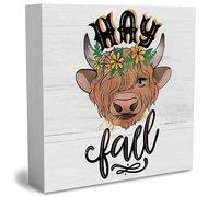 KOPUTE Rustic Hay Fall Wood Box Sign, Farmhouse Retro Fall Artwork Decor, Autumn Harvest Thanksgiving Wooden Square Sign Desk Block Signs Home Shelf Office Decoration 7 x 7 Inches