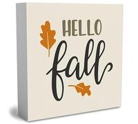 KOPUTE Rustic Hello Fall Wood Box Sign, Farmhouse Retro Fall Leaves Artwork Decor, Autumn Thanksgiving Wooden Square Sign Desk Block Signs Home Shelf Office Decoration 5 x 5 Inches