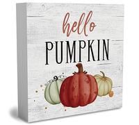 KOPUTE Rustic Hello Pumpkin Wood Box Sign, Farmhouse Artwork Decor, Autumn Retro Thanksgiving Harvest Wooden Square Sign Desk Block Signs Home Shelf Office Decoration 5 x 5 Inches