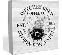 KOPUTE Rustic Home Office Desk Decor Coffee Bar Table Decor Wood Box Sign halloween Shelf Cubicle Decor Coffee Lover Gifts Witches Brew Coffee 7 x 7 Inches