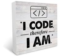 KOPUTE Rustic I Code Therefore I am Programmer Wood Box Sign Desk Decor Desk Sign Decor for Work Office, Gift for Coder Computer Geek 7 x 7 Inches