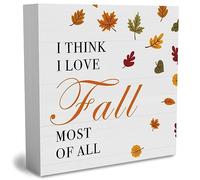KOPUTE Rustic I Think I Love Fall Most of All Wood Box Sign, Farmhouse Retro Fall Artwork Decor, Autumn Thanksgiving Wooden Square Sign Desk Block Signs Home Shelf Office Decoration 7 x 7 Inches
