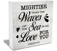 KOPUTE Rustic Religious Wood Box Sign Mightier Than the Waves of the Sea is His Love for You Scripture Wooden Box Sign Christian Home Desk Shelf Decor 5 x 5 Inches