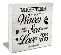KOPUTE Rustic Religious Wood Box Sign Mightier Than the Waves of the Sea is His Love for You Scripture Wooden Box Sign Christian Home Desk Shelf Decor 7 x 7 Inches