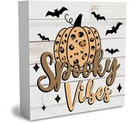 KOPUTE Rustic Spooky Vibes Halloween Wooden Box Sign Bat Leopard Pumpkin Cute Fall Sign Decor Farmhouse Decorative Wood Box Sign Block Plaque for Wall Desk Home Bathroom Decoration 7 x 7 Inches