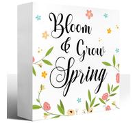 KOPUTE Rustic Spring Wood Block Signs,Bloom & Grow Springx Wooden Box Sign for Home Shelf Bedroom Tabletop Desk Decor,Farmhouse Sign Decor 7 x 7 Inches