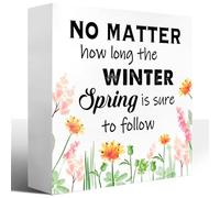 KOPUTE Rustic Spring Wood Block Signs,No Matter How Long the Winter Spring is Sure to Follow Wooden Box Sign for Home Shelf Bedroom Tabletop Desk Decor,Farmhouse Sign Decor 5 x 5 Inches