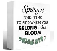 KOPUTE Rustic Spring Wood Block Signs,Spring is The Time to Find Where You Belong and Bloom Wooden Box Sign for Home Shelf Bedroom Tabletop Desk Decor,Farmhouse Sign Decor 5 x 5 Inches