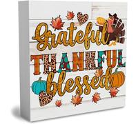KOPUTE Rustic Thanksgiving Wooden Box Sign Grateful Thankful Blessed Fall Cute Sign Farmhouse Decorative Wood Box Sign Block Plaque for Wall Desk Home Bathroom Decoration 7 x 7 Inches