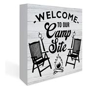 KOPUTE Rustic Welcome to Our Camp Site Wood Box Sign, Farmhouse Camping Artwork Decor, Camp Campfire Wood Square Sign Desk Block Signs Home Shelf Decoration 7 x 7 Inches