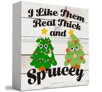 KOPUTE Rustic Winter Merry Christmas Tree I Like Them Real Thick and Sprucey Wood Box Sign, Retro Farmhouse Christmas Santa Artwork Decor, Wood Square Sign Desk Block Signs 7 x 7 Inches