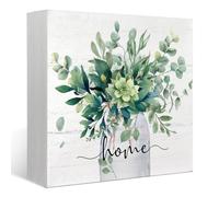 KOPUTE Sage Green Eucalyptus Leaves Wooden Box Sign Decor, Home Sign Shelf Decor, Rustic Spring Botanical Wooden Block Sign Decor Shelf Decor 5 x 5 Inches