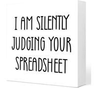 KOPUTE Sarcastic Office Signs,Funny Office Wooden Box Sign,Humorous Office Signs,Office for Work Desk,I'm Silently Judging Your Spreadsheet Wooden Block Sign Desk Decor 5 x 5 Inches
