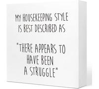 KOPUTE Sarcastic Signs for Home Decor,Funny Quotes Desk Decor,My Housekeeping Style Is Best Described as There Appears to Have Been a Struggle Wooden Box Sign 5 x 5 Inches