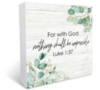 KOPUTE Scripture Luke 137 for with God Nothing Shall Be Impossible Christian Wood Box Sign Desk Decor,Rustic Eucalyptus Leaves Wooden Block Box Sign Decoration For Home Church 5 x 5 Inches
