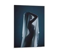 KOPUTE Sexy Woman Body Painting on Canvas Poster Wall Art Shadow Silhouette Navy Blue Backdrop White Veil Mysterious Decor Dining Room Decor, Bedroom Art, Wall Decor Living Room,Frameless 8x10inch