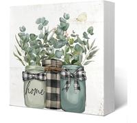 KOPUTE Spring Botanical Eucalyptus Leaves Sign Wood Box Desk Decor,Sage Green Spring Home Wooden Block Box Sign Decoration For Farmhouse Shelf Table Decor 7 x 7 Inches