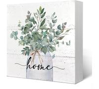 KOPUTE Spring Botanical Eucalyptus Leaves Sign Wood Box Desk Decor,Spring Home Wooden Block Box Sign Decoration For Shelf Table Decor,Sage Green Decor 7 x 7 Inches