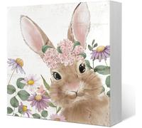 KOPUTE Spring Bunny Decor Wooden Box Sign, Spring Pink Floral Rabbit Wooden Sign Decor, Spring Decor, Spring Decoration for Home Indoor Farmhouse 5 x 5 Inches