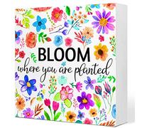 KOPUTE Spring Desk Decor,Bloom Where You Are Planted Wood Sign Desk Decor,Colourful Flowers Spring Wood Block Plaque Box Sign for Farmhouse Home Dining Room Garden Shelf Decoration 7 x 7 Inches