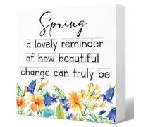 KOPUTE Spring Desk Decor,Lovely Reminder of How Beautiful Change Can Wood Block Plaque Box Sign for Home Office Farmhouse Desk Table Decoration,Spring Table Decor Wood Block Sign 7 x 7 Inches