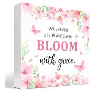 KOPUTE Spring Desk Decor,Positive Spring Plaque Desk Decor,Wherever Life Plants You Bloom With Grace Spring Inspirational Wood Block Box Plaque Sign for Home Garden Shelf Table Decor 7 x 7 Inches