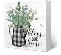 KOPUTE Spring Eucalyptus Leaves Wooden Box Desk Decor,Bless Our Home Sign,Spring Botanical Wooden Block Box Sign Decoration for Farmhouse Shelf Table Decor 5 x 5 Inches