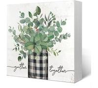 KOPUTE Spring Eucalyptus Leaves Wooden Box Desk Decor,Gather Together Sign,Spring Botanical Wooden Block Box Sign Decoration for Farmhouse Shelf Table Decor 7 x 7 Inches