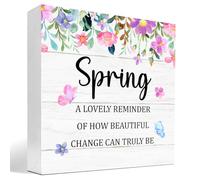 KOPUTE Spring Wooden Block Sign,Funny Spring Plaque Desk Decor,Spring a Lovely Reminder of How Beautiful Change Can Truly Be Rustic Spring Wood Box Sign for Farmhouse Garden Shelf Decor 5 x 5 Inches