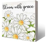 KOPUTE Spring Wooden Box Sign Decor for Home Girls Room,Inspirational Sign Rustic Home Shelf Wall Decoration,Floral Daisy Bloom Decor,Bloom With Grace 5 x 5 Inches