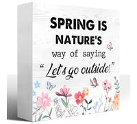 KOPUTE Spring Wooden Desk Sign,Inspirational Spring Decor,Spring Is Nature's Way of Saying Let's Go Outside Wood Block Signs Desk Decor,Spring for Home Shelf Table Decor 5 x 5 Inches