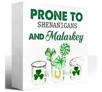 KOPUTE St Patricks Day for The Home Bar,Prone to Shenanigans and Malarkey Wood Block Plaque Box Sign Bar Man Cave Beer,Irish St.Patrick's Day Wooden Box Decor 5 x 5 Inches
